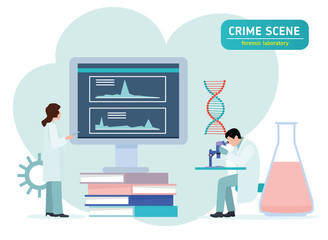 Criminologist laboratory assistant looking through a microscope in a laboratory. forensic laboratory. Crime scene investigation. Forensic examination concept. Flat cartoon vector illustration.