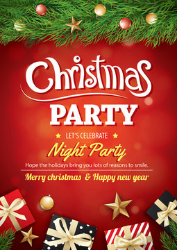 Merry christmas party gift box and tree on red background invitation theme concept. Happy holiday greeting banner and card design template.