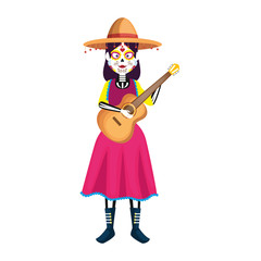 mexica woman with catrina costume and guitar