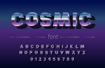 Space font having a mirror surface, alphabet, letters and numbers. Vector Illustration