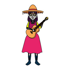 mexica woman with catrina costume and guitar