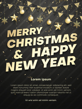 Merry Christmas and Happy New Year poster with gold Christmas balls and flags.