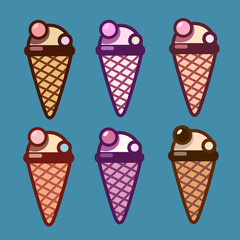 Set of colorful ice cream cones on blue background
