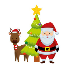 christmas santa claus with reindeer and pine tree