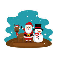 christmas santa claus with reindeer and snowman