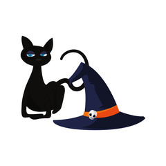 black cat halloween and witch hat