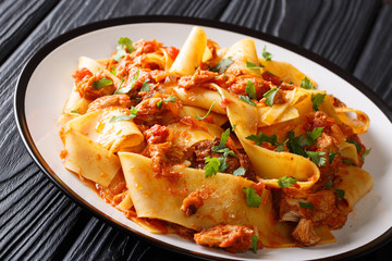 Homemade pasta with slow cooked pork in tomato sauce close-up on a plate. Taccozzette con Stracotto. horizontal