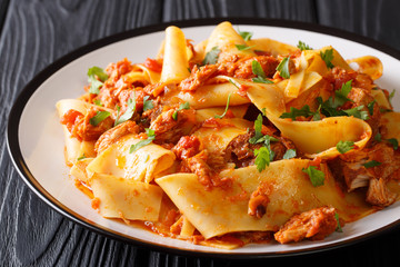 Italian Taccozzette con Stracotto pasta with slow cooked pork in a spicy sauce close-up on a plate. horizontal