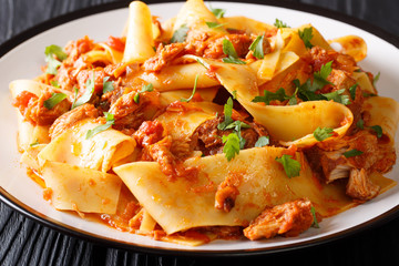 Delicious hot pasta with shredded pork and spicy sauce close-up. horizontal