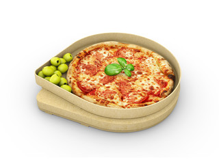 3d illustration of Pizza in a cardboard box against a white background, Pizza delivery.