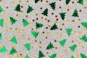 Flatlay background with Christmas tree confetti