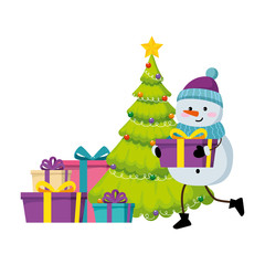 merry christmas tree with gifts and snowman