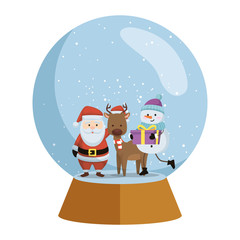 santa claus with reindeer and snowman in snow sphere