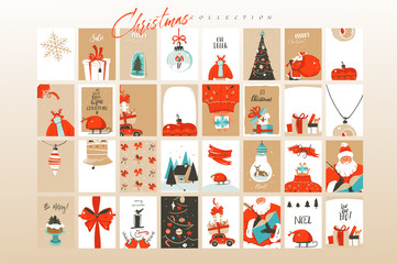 Hand drawn vector abstract fun Merry Christmas time cartoon illustrations greeting cards template and backgrounds big collection set with gift boxes,people and Xmas tree isolated on white background