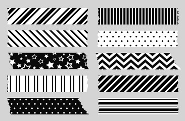 Adhesive tape with black and white geometric patterns. Scotch, washi tape template