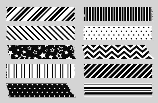 Washi tape with cute patterns, adhesive scotch stripes for scrapbooking.  Japanese masking tapes with dots, stars and hearts, colorful mask strips  for scrapbook decor vector set Stock Vector