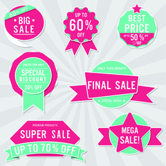 Set of sale labels and banner. Colorful design.