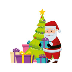 Naklejka premium santa claus with gifts and tree pine