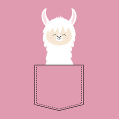 Naklejka premium Alpaca llama face neck in the pocket. T-shirt design. Cute cartoon funny character. Kawaii animal. Love Greeting card. Flat design style. Pink background. Isolated.