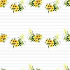 The pattern of blooming yellow flowers sunflower painted in watercolor. Illustration of decorative floral design for wedding invitations and greeting cards
