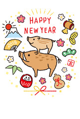 Fototapeta premium 年賀状テンプレート ハガキ 2019年亥年 猪親子と縁起物色々 白 手描き