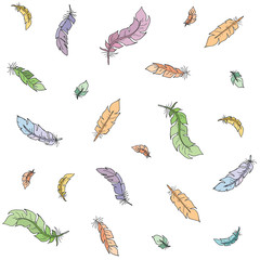 Flat style color bird feathers on light background seamless vector. Decoration pastel elements on white background.