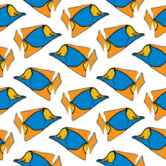 Sea fish drawing with ink on white background, summer seamless pattern background