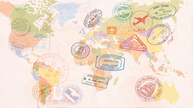 World map with Visas, Stamps, Seals. Travel concept