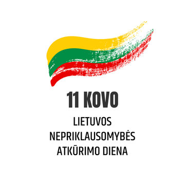 Lietuvos nepriklausomybes atkurimo diena. Banner for the Lithuanian independence day with flag and text on white background. Hand-drawn illustration.