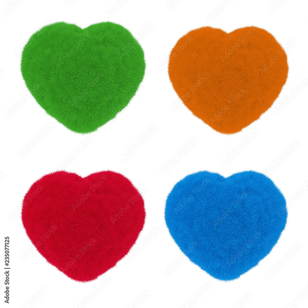 Poster set of hearts from multicolour fur. 3d rendering