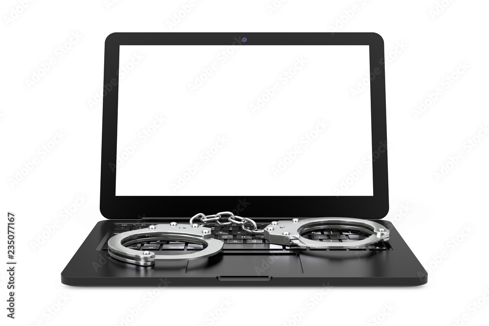 Aufkleber laptop with handcuffs. 3d rendering