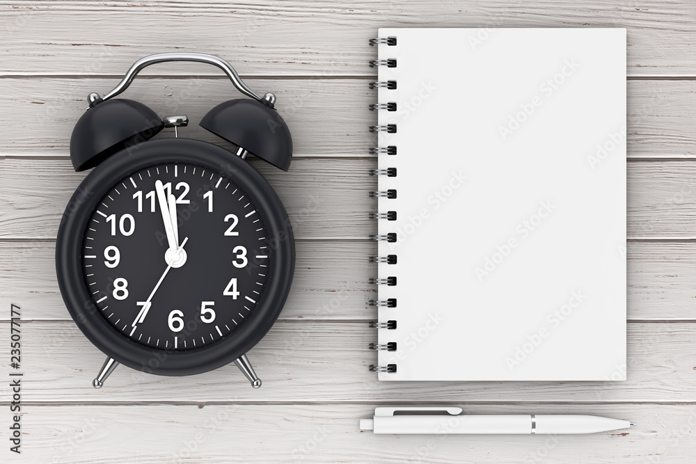 Poster black alarm clock with pen and blank notepad for your design. 3d rendering