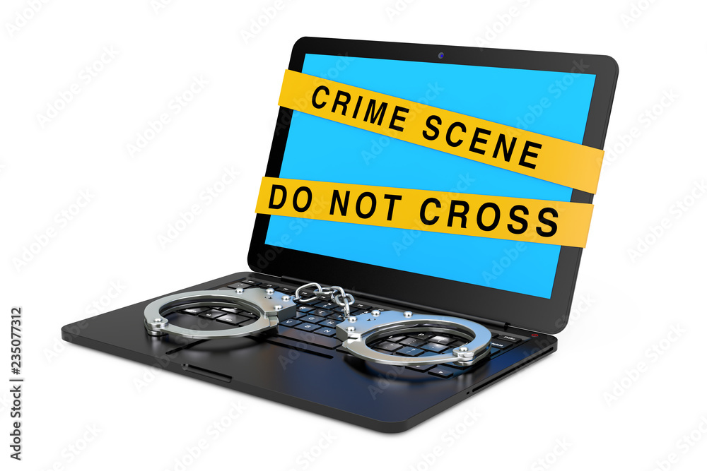 Aufkleber laptop with handcuffs and crime scene tape. 3d rendering