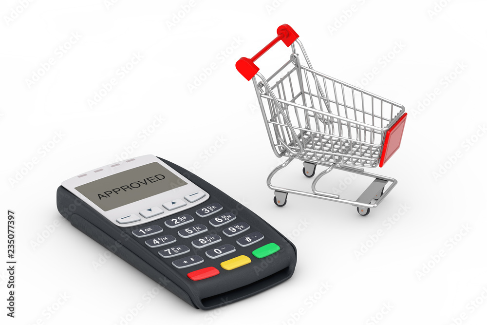 Poster Shopping Cart near POS Terminal Machine. 3d Rendering