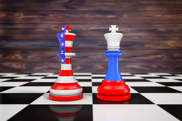US America and Russia Flags on Kings Chess over a Chess Board. 3d Rendering