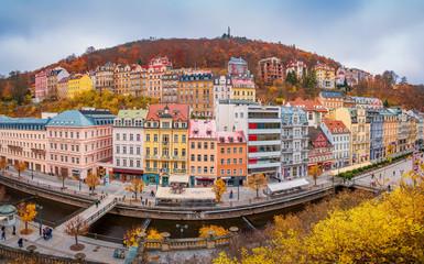 Beautiful view over colorful houses in Karlovy Vary, a spa town in Czech Republic in autumn season