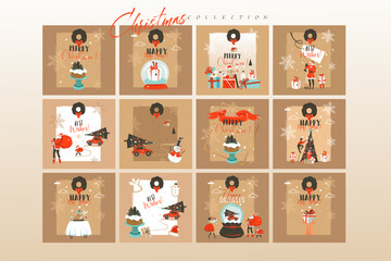 Hand drawn vector abstract fun Merry Christmas time cartoon illustrations greeting cards template and backgrounds big collection set with gift boxes,people and Xmas tree isolated on white background