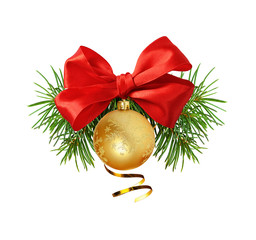Red ribbon bow and Christmas decoration with yellow ball and pine twigs