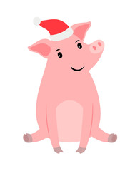 Happy pink pig in santa hat sitting and smiling, vector illustration