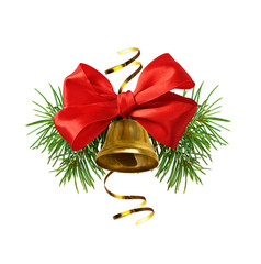 Red ribbon bow and Christmas decoration with golden bell and pine twigs