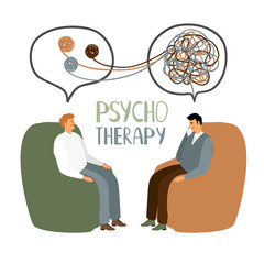 Psychotherapy treatment, doctor and patient sitting and talking, vector concept illustration