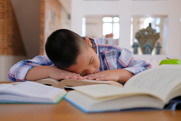 lazy stressed young little asian kid boy  resting sleeping on desk. child fall asleep. children tired from studying