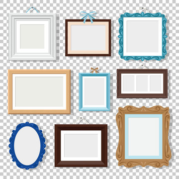 Classic photo frames. Vectors vintage wood frames isolated on transparent, old design empty square and round photo frame set