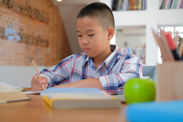 little asian kid boy schoolboy writing drawing on notebook. child children doing homework.