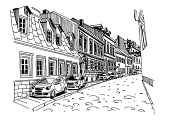 Hand drawn ink line sketch of street scene in Zagreb, Croatia.