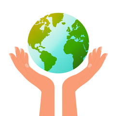 Earth Day. Human hands holding a planet. Conceptual image about the protection of the planet and its resources. Vector.