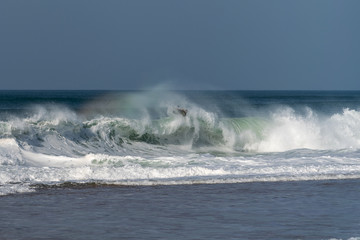 Surfer on Atlantic ocean wave , Nazare , Portugal.