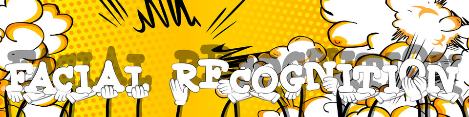 Diverse hands holding letters of the alphabet created the word Facial Recognition. Vector illustration.