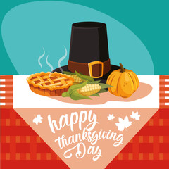 pilgrim hat of thanksgiving day with set icons in table