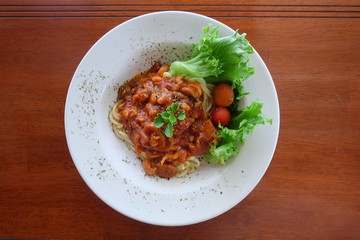 Spaghetti on dish in cafe
